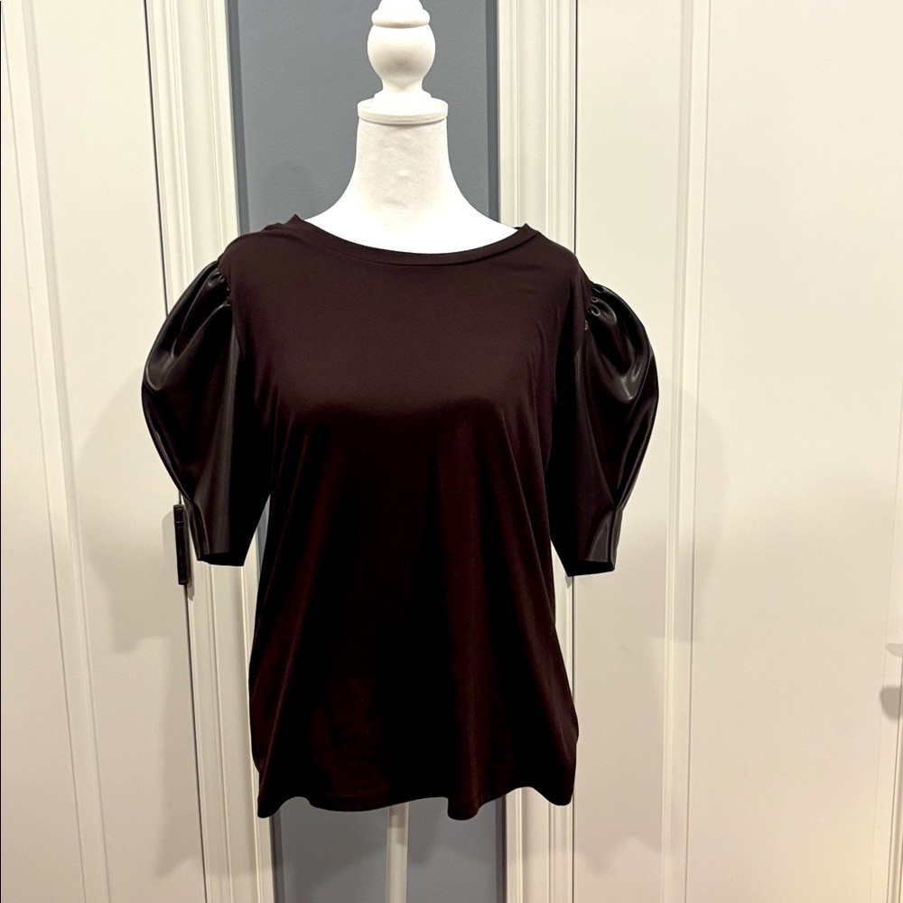Michael Kors brown tee with leather puff sleeves. Perfect condition.